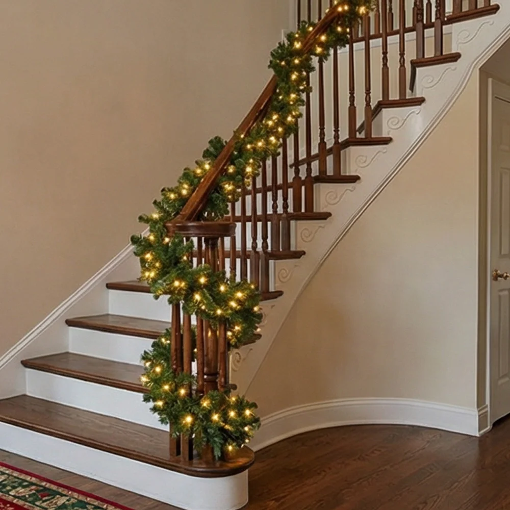 Christmas Wreath Fake - 2.7M 人工グリーンクリスマスガーランドリース、LED松の葉籐吊り下げ飾り、階段暖炉ドアクリスマスツリーデコレーション