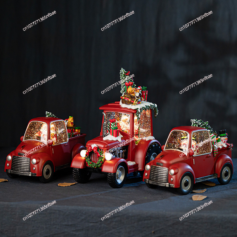 Snow Globe Musical - 新しいスタイルのクリスマス装飾オーナメント - 赤いトラックとビンテージカーのスノードームオルゴール（雪降る効果付き）