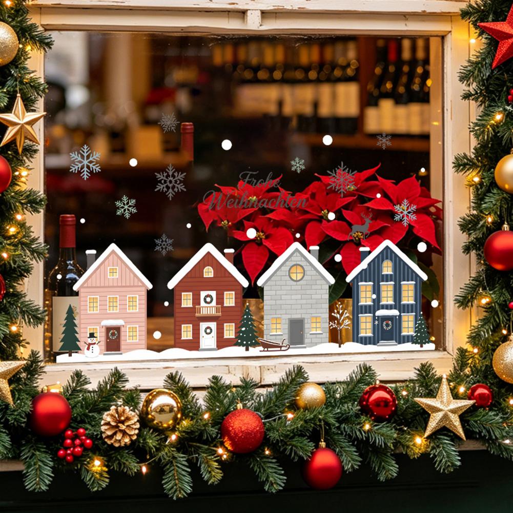 Snowflake Window Decal - エルクファーツリーステッカー 2枚入り クリスマス雪の降る家窓用ステッカー 再利用可能な雪の結晶と鹿の静電ガラスデカール 粘着剤不要 家庭用