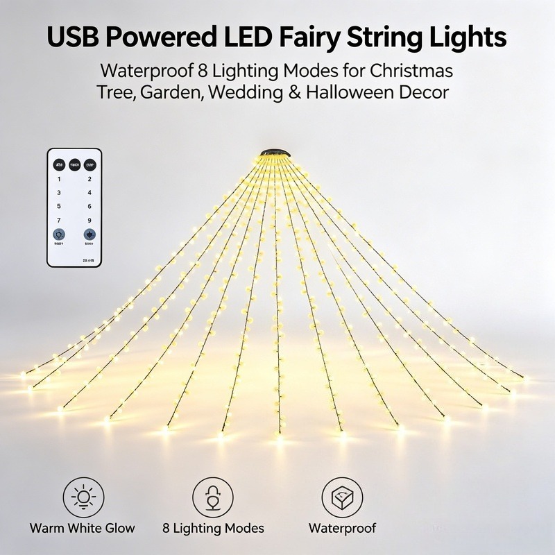 Led Fairy String Lights - USB LED フェアリーストリングライト、防水クリスマスツリーライト、8つの照明モード付き、庭や結婚式の装飾に最適