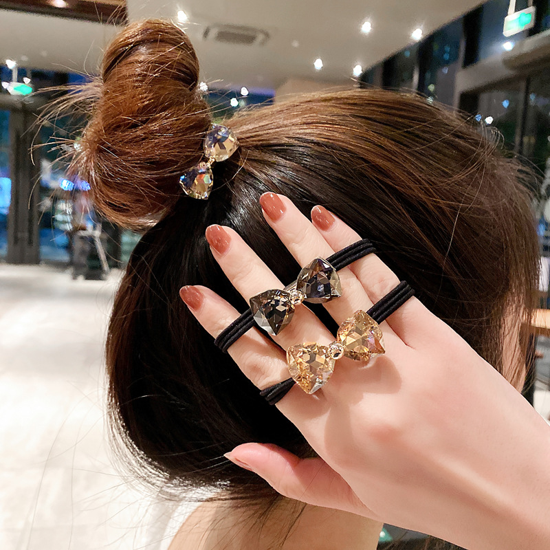Ribbon Bow Gift - ラインストーンボウヘアロープセット 韓国風高級ミニマリスト 伸縮性ポニーテールバンド バブルバンホルダー ヘアタイ ギフト