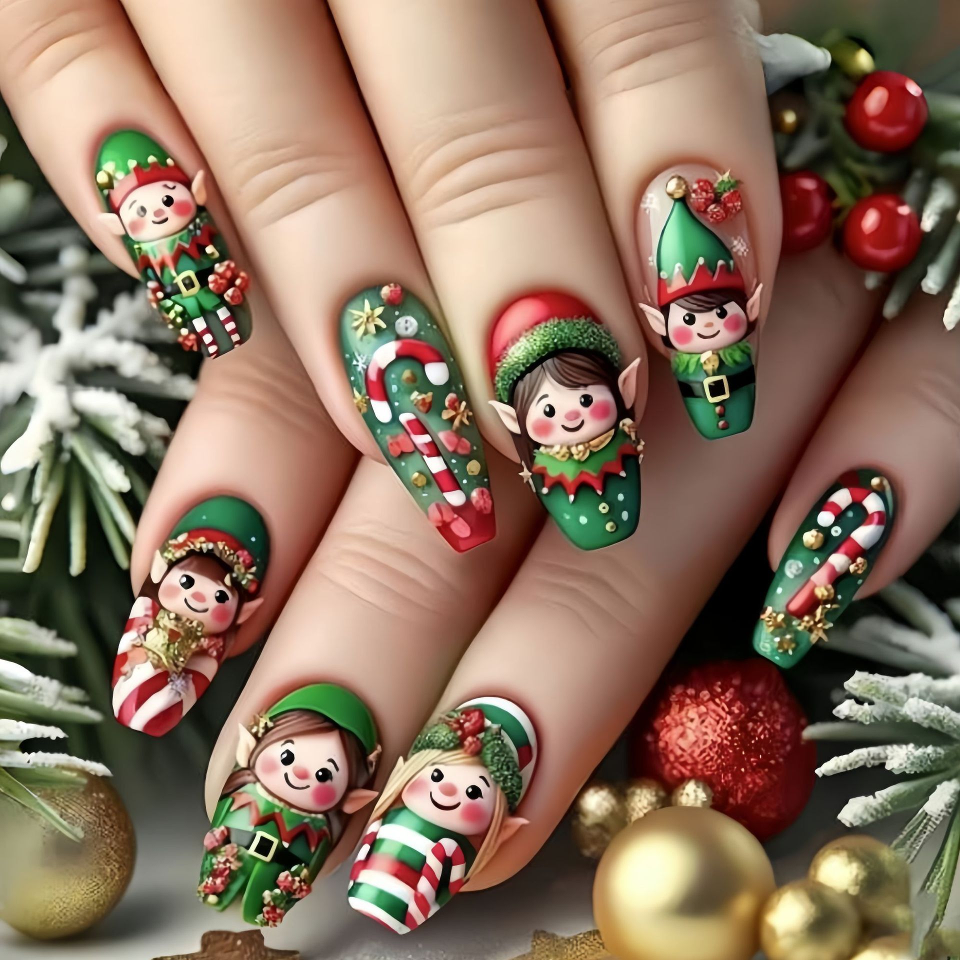Christmas Tree Artificial - クリスマスパーティー用ミディアムフェイクネイル 雪の結晶 クリスマスツリー サンタクロース エルフ アルスモンド