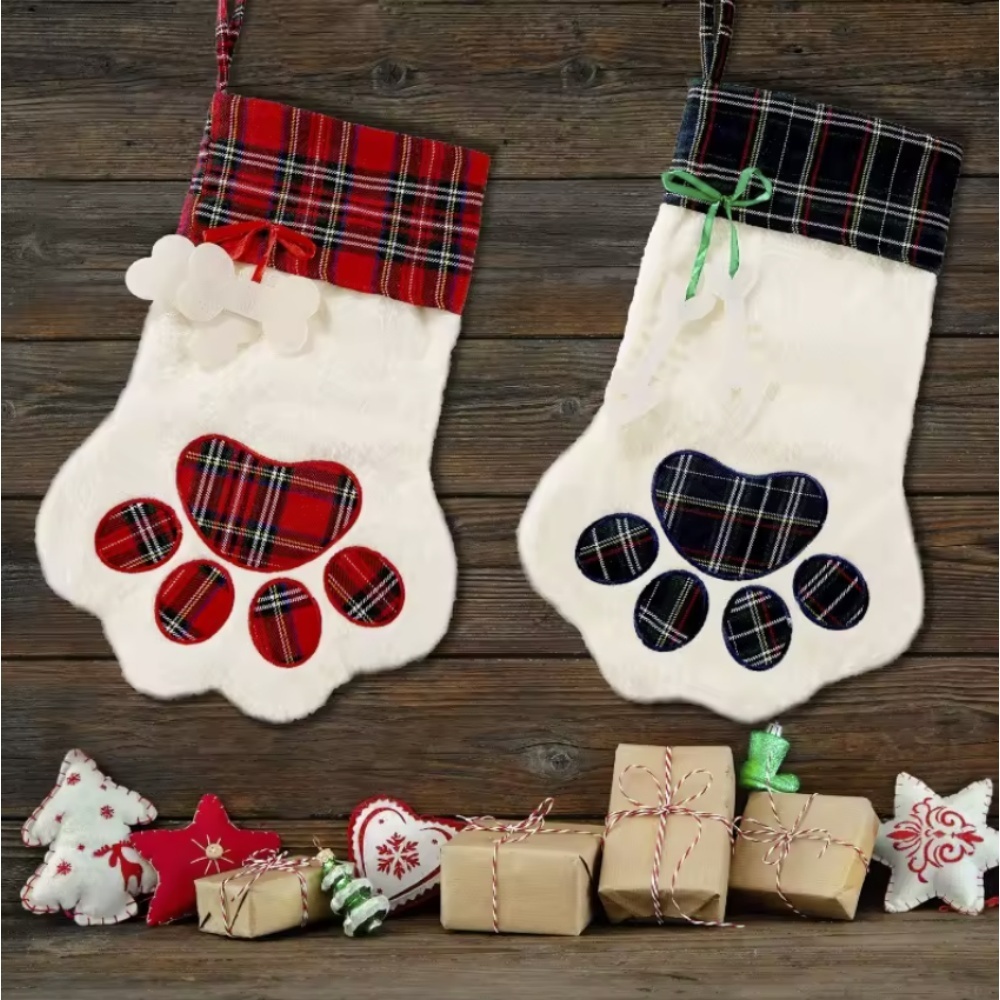 Christmas Stocking Hanging - クリスマスソックス 新年飾り バッファローチェック柄 ペットストッキング 猫と犬用 足跡柄