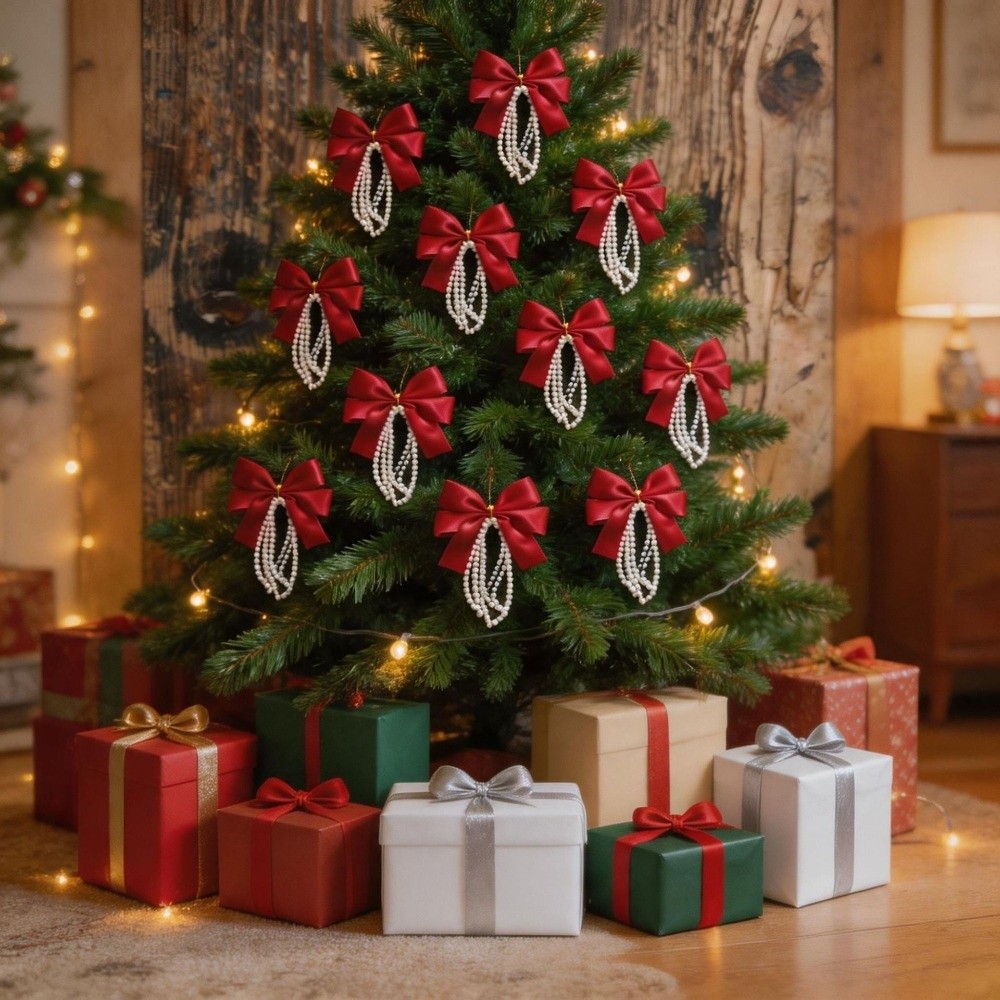 Gift Box Wrap Set - 12個セット クリスマスツリー用リボン ゴールドツイストタイ ヴィンテージスタイル ギフトラッピングリボン レッドカラー