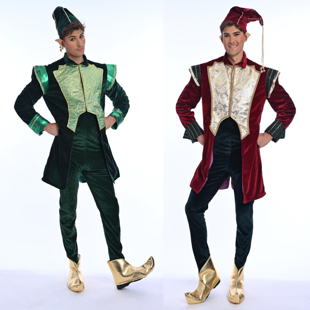Elf Costume Christmas - 豪華ベルベットサンタクロースクリスマスエルフコスチュームスーツ新年パーティーステージパフォーマンスエルフサンタコスチューム衣装男性大人用