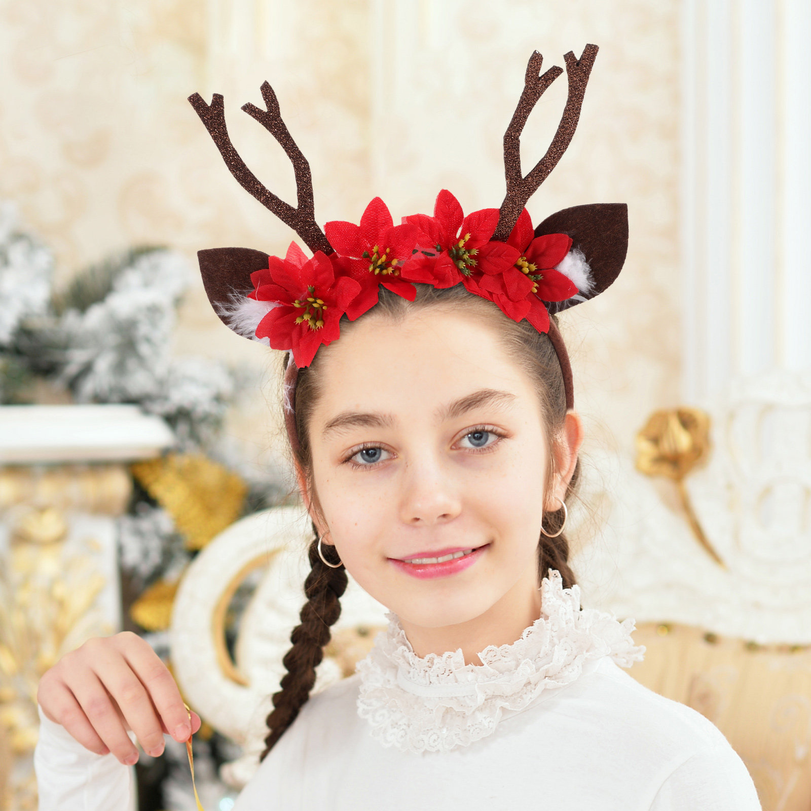 Reindeer Antlers Headband - トナカイの角のヘッドバンド クリスマス鹿の耳 軽量で快適なホリデーパーティー ステージパフォーマンスアクセサリー