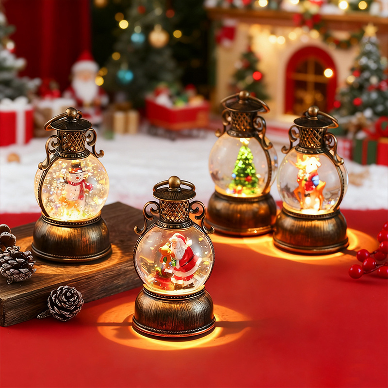 Snow Globe Musical - ヴィンテージスタイルUSB電源式ライトアップスノーグローブオルゴール、回転式トップ蓋付き、自発光樹脂＆PC装飾オーナメント、内蔵きらめくライト＆回転する雪の結晶、新年や誕生日の贈り物に最適