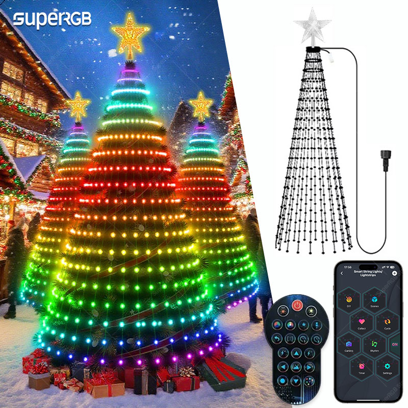 Christmas Lights Outdoor - RGB スマートクリスマスツリーライト リング付き APP制御 RGB DIYテキスト