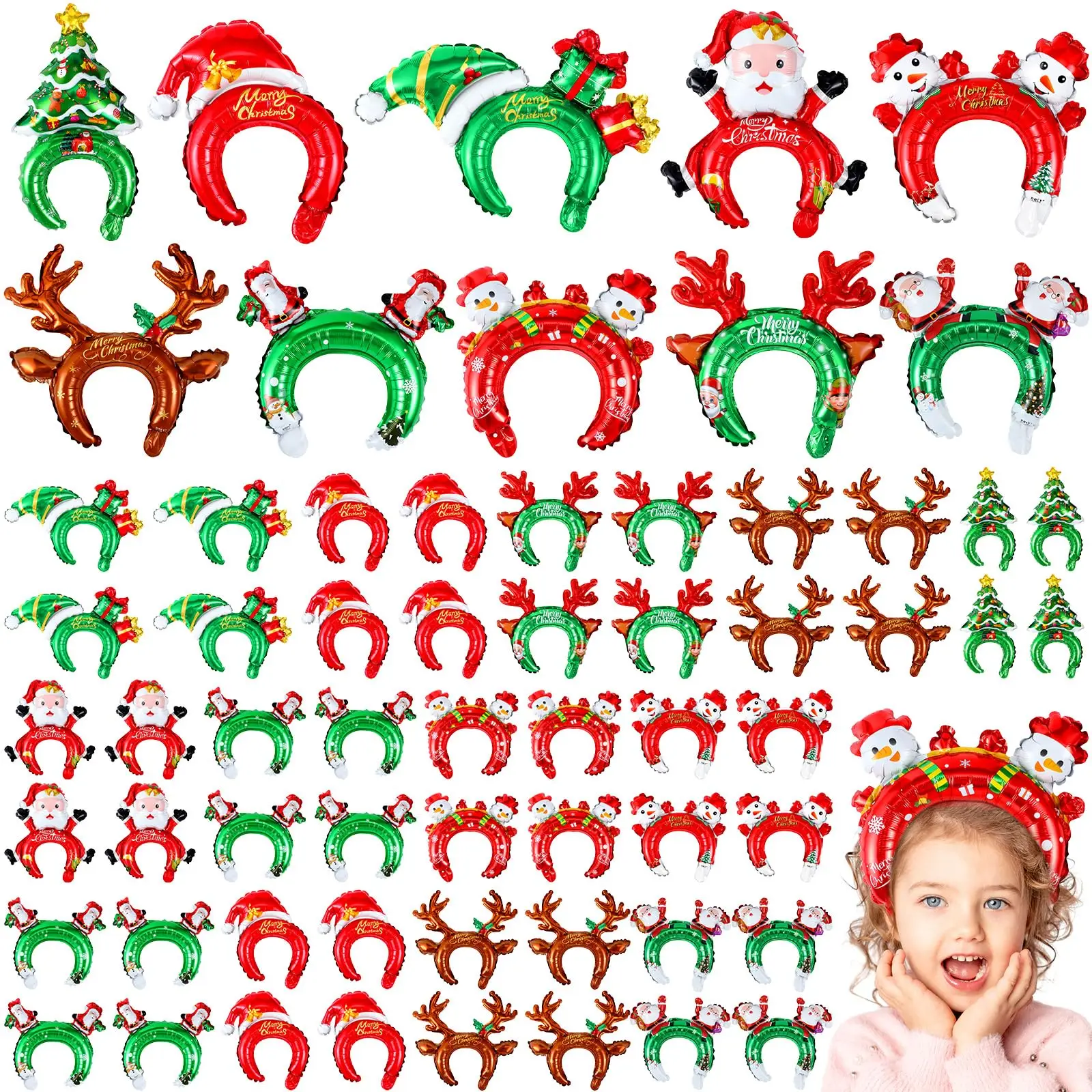 Reindeer Antlers Headband - クリスマスのインフレータブルヘッドバンド、サンタ、雪だるまの風船、ヘアフープ、トナカイの木、クリスマスのテーマ、誕生日パーティーの記念品の装飾