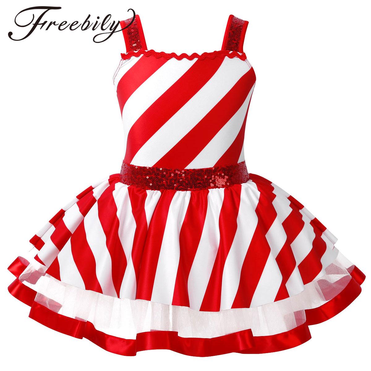 Elf Costume Christmas - 女の子のクリスマスキャンディケインコスチューム光沢のあるスパンコールストライプメッシュスケートバレエダンスドレスレオタードチュチュカーニバルサーカスパーティー用