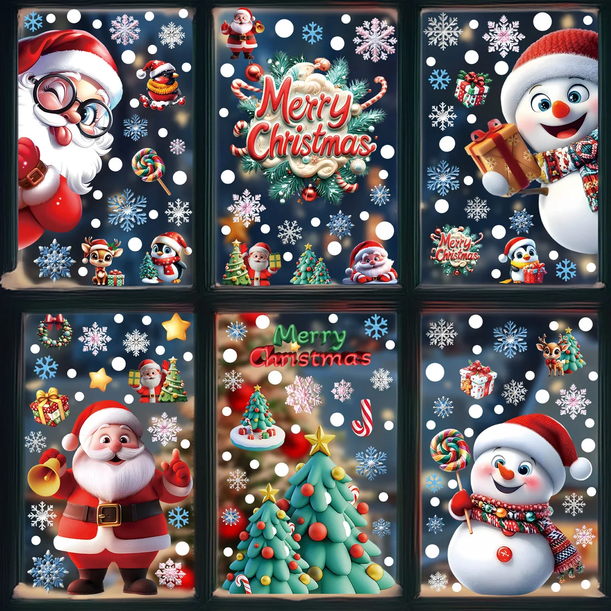Snowflake Window Decal - 2025年クリスマス静止ウィンドウクリング - ジンジャーブレッドマン、雪だるま、雪の結晶、サンタクロースのクリスマスホリデーパーティーデコレーション用デカール