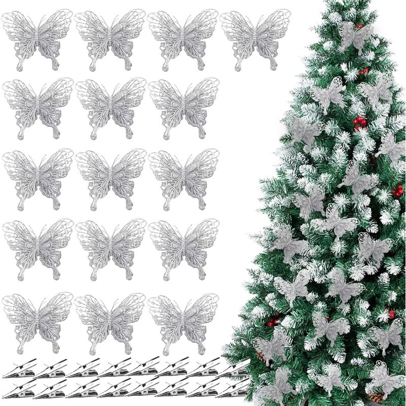 Christmas Wreath Fake - シルバーグリッター中空蝶クリップ飾り付け用人工蝶、クリスマスツリー、リース、結婚式、クリスマス、ホリデー、家の装飾に