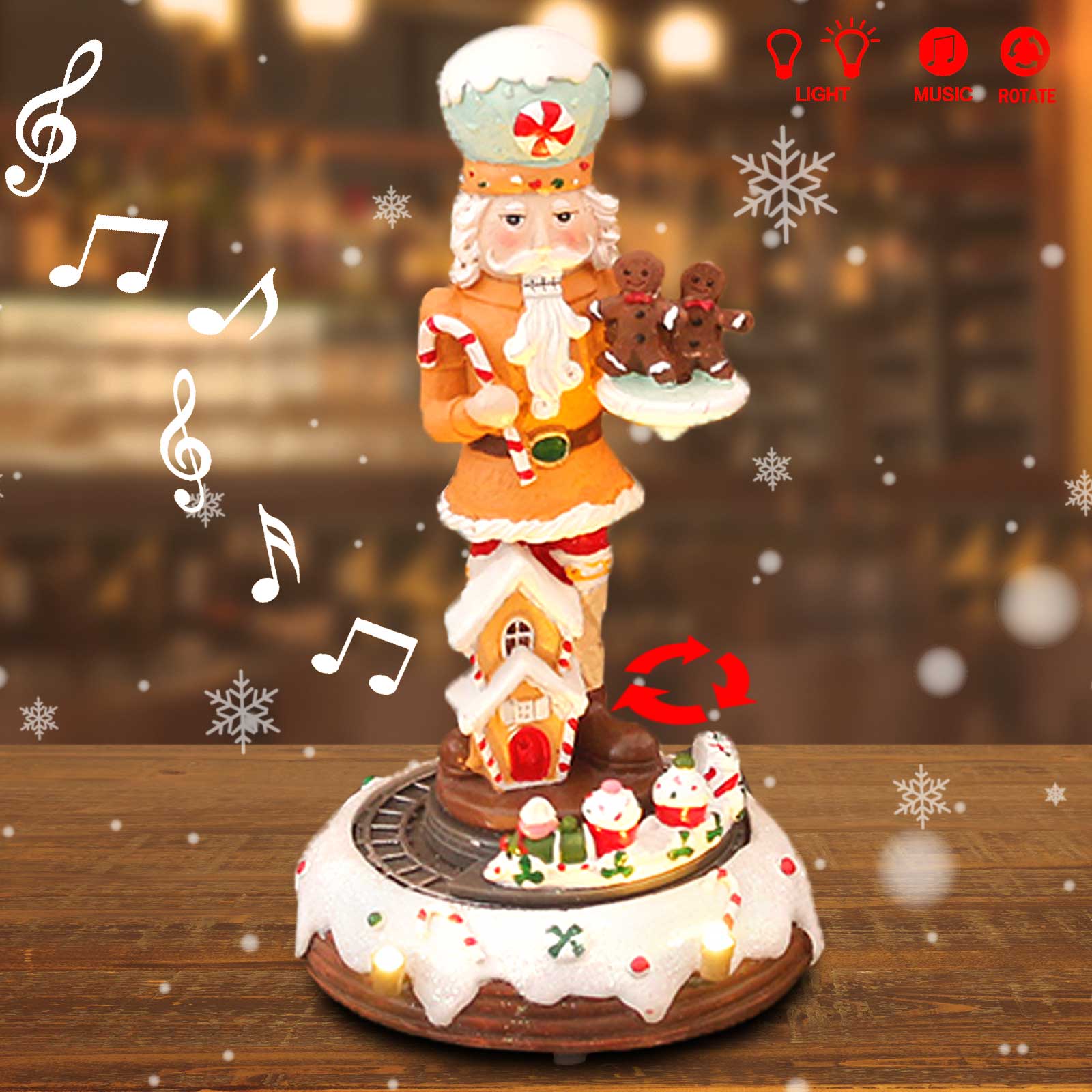 Nutcracker Figurine - クリスマスジンジャーブレッドコレクションくるみ割り人形の置物、アニメーション回転列車、LEDライト付きの段階的な装飾、家の屋内装飾品