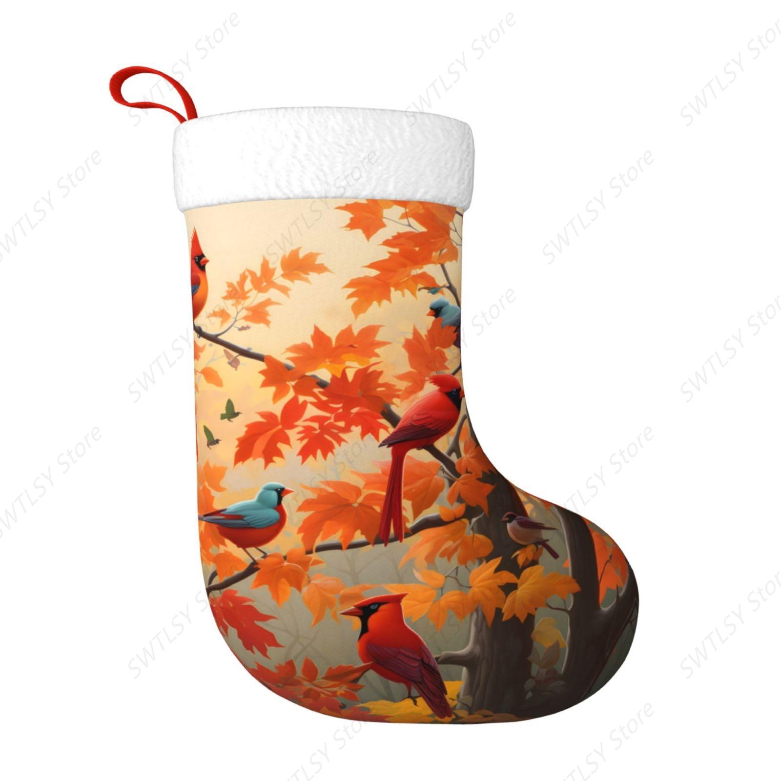 Christmas Stocking Hanging - 秋のカーディナル鳥とカエデの葉の大きなクリスマスストッキング、17.7インチのクリスマスストッキング、暖炉に吊るす
