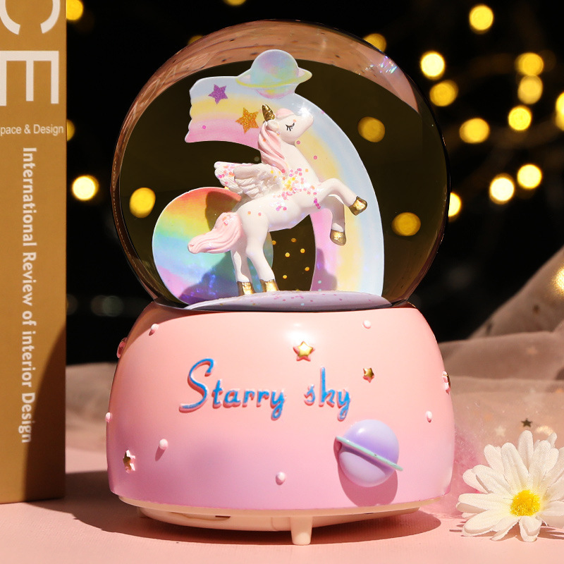 Snow Globe Musical - 新しいクリスタルボールオルゴールガールハートユニコーン発光スノーフレークオルゴールガールフレンドロマンチックな誕生日プレゼント飾りスノーグローブ