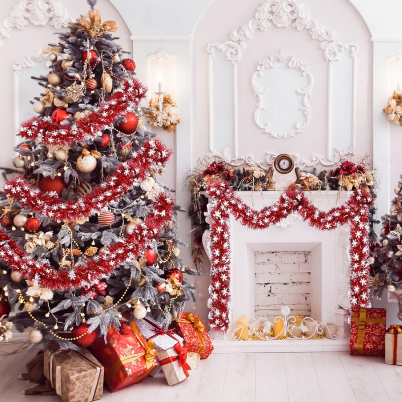 1pc クリスマスティンセルスノーフレークレッドガーランドレ - Tinsel Garland Decoration のレビューと価格