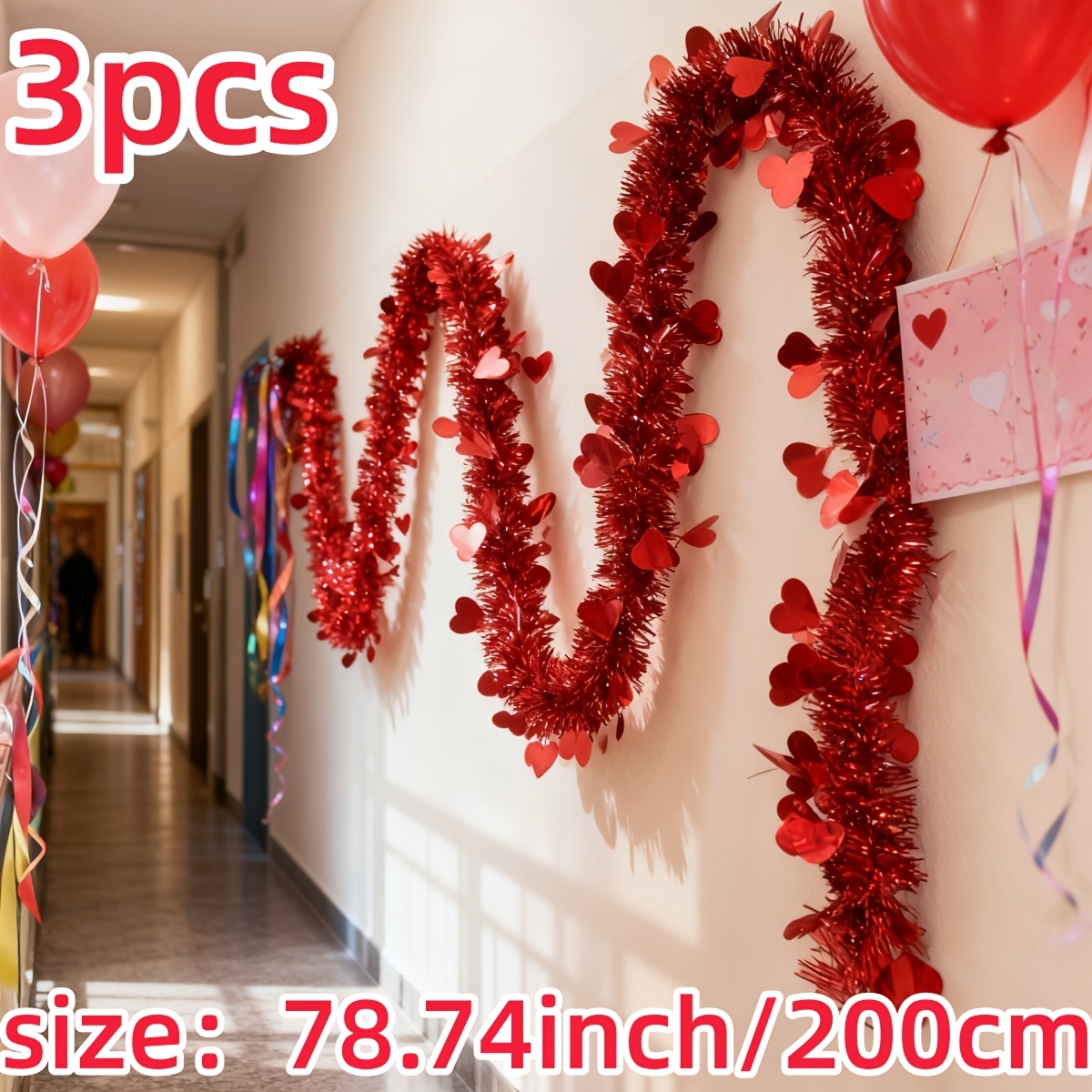 赤いハート型のプラスチック製ティンセルガーランド3本（合計6 - Tinsel Garland Decoration のレビューと価格