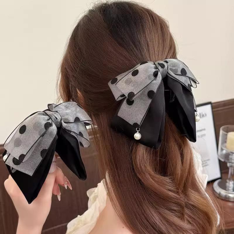 エレガントなグレーの水玉模様のリボンヘアピン女性女の子のため - Ribbon Bow Gift のレビューと価格