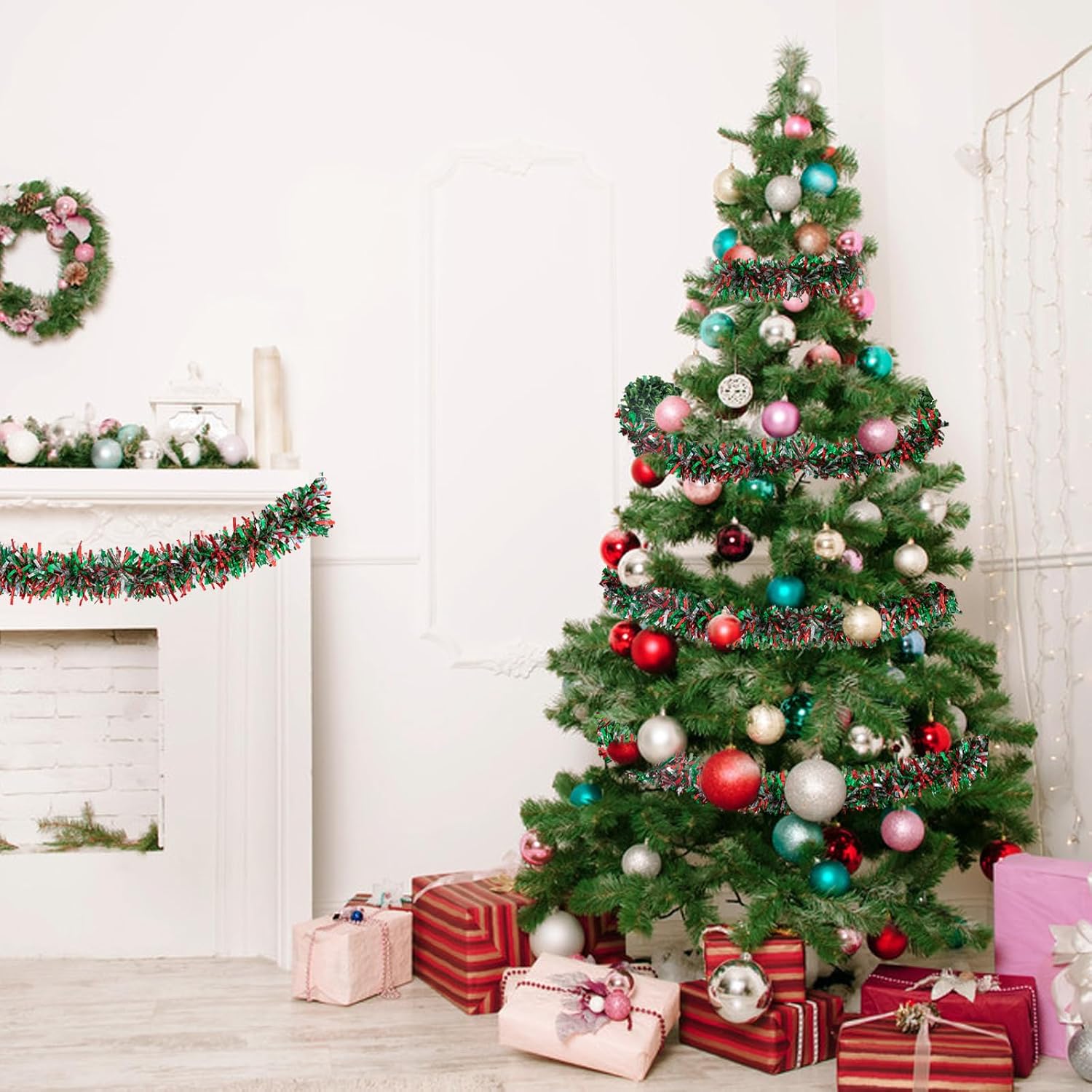 2M クリスマスティンセルガーランド 虹色の赤緑メタリックテ - Tinsel Garland Decoration のレビューと価格