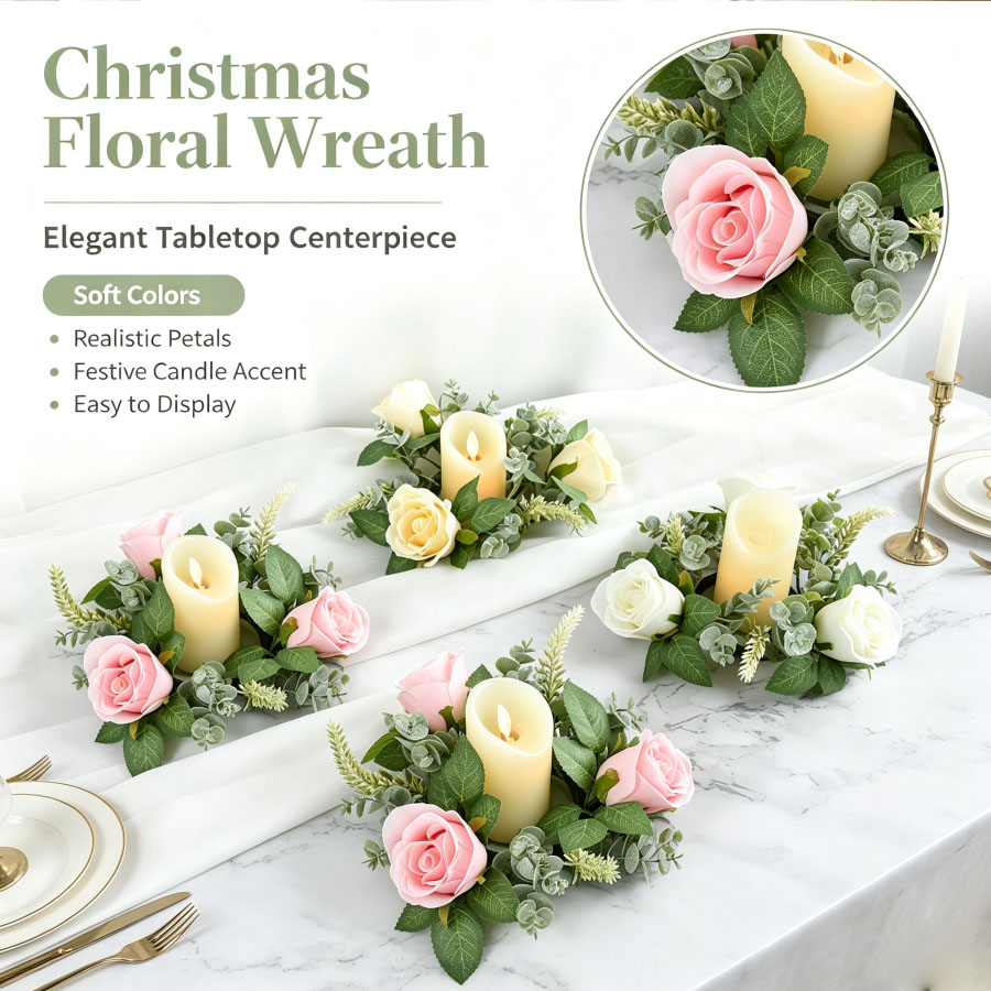 人工バラの花輪型燭台花飾りデスクトップキャンドルホルダークリ - Christmas Wreath Fake のレビューと価格