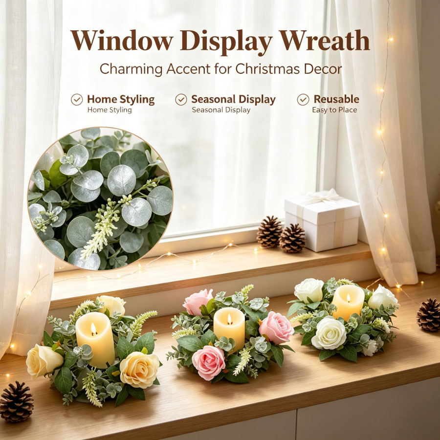 人工バラの花輪型燭台花飾りデスクトップキャンドルホルダークリ - Christmas Wreath Fake のレビューと価格