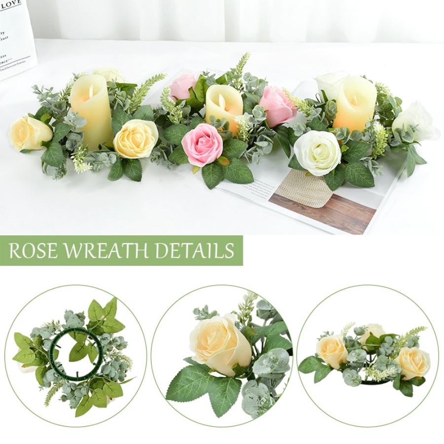 人工バラの花輪型燭台花飾りデスクトップキャンドルホルダークリ - Christmas Wreath Fake のレビューと価格
