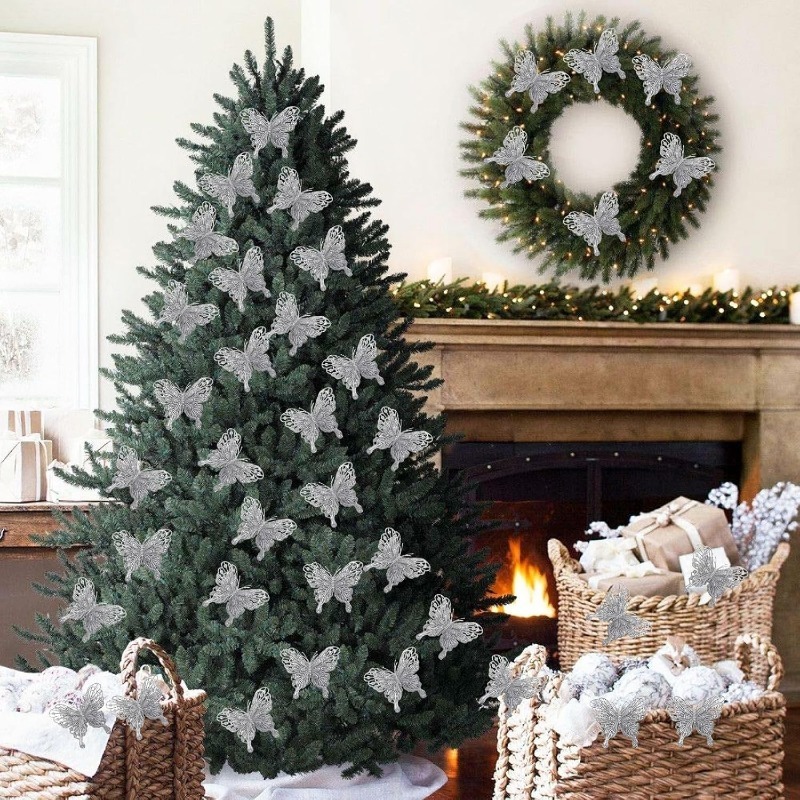 シルバーグリッター中空蝶クリップ飾り付け用人工蝶、クリスマス - Christmas Wreath Fake のレビューと価格