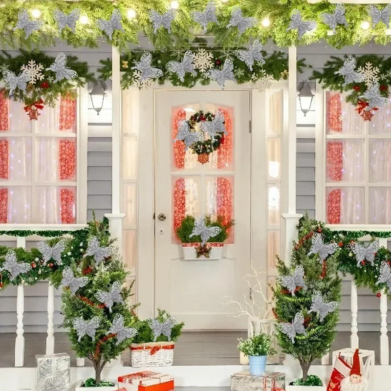 シルバーグリッター中空蝶クリップ飾り付け用人工蝶、クリスマス - Christmas Wreath Fake のレビューと価格