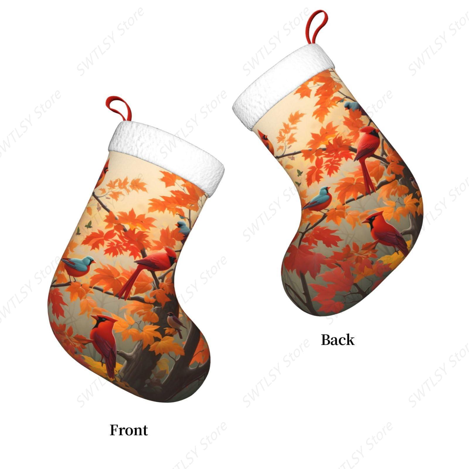 秋のカーディナル鳥とカエデの葉の大きなクリスマスストッキング - Christmas Stocking Hanging のレビューと価格