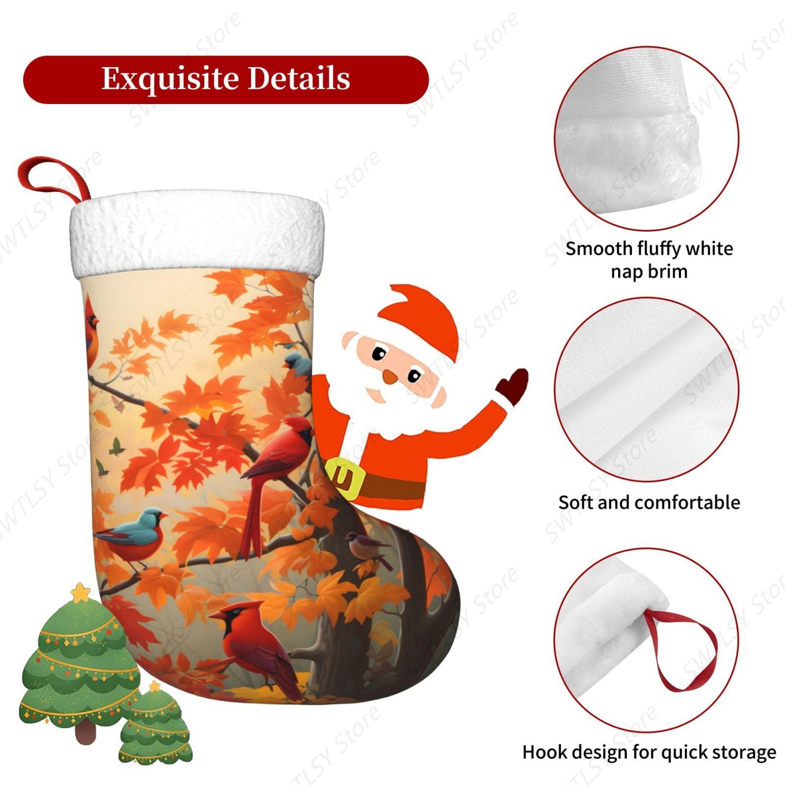 秋のカーディナル鳥とカエデの葉の大きなクリスマスストッキング - Christmas Stocking Hanging のレビューと価格