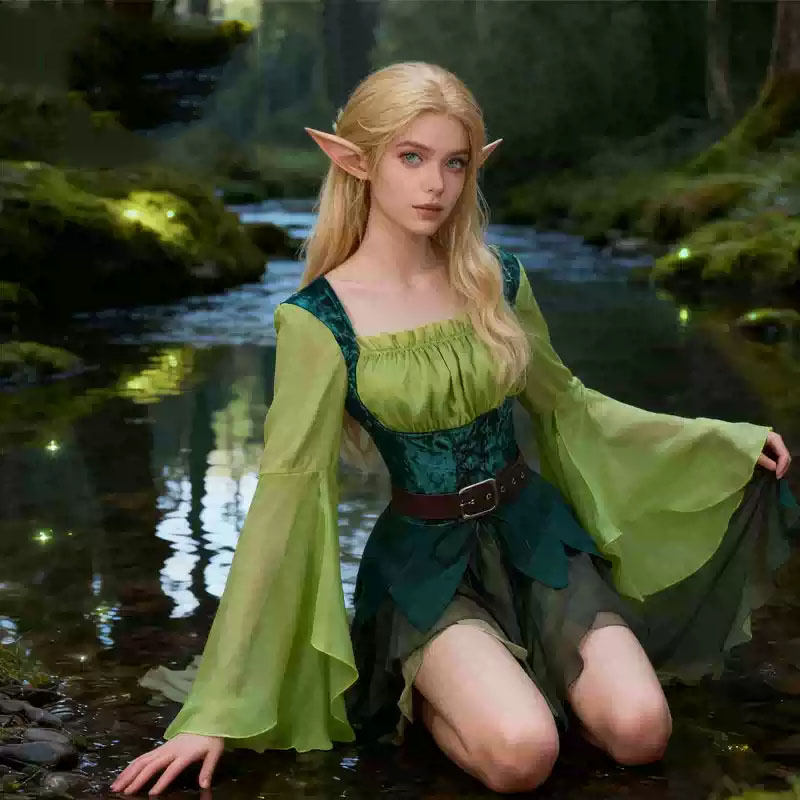 女性用エルフ中世グリーンフェアリードレス魔法のエルフドレスと - Elf Costume Christmas のレビューと価格