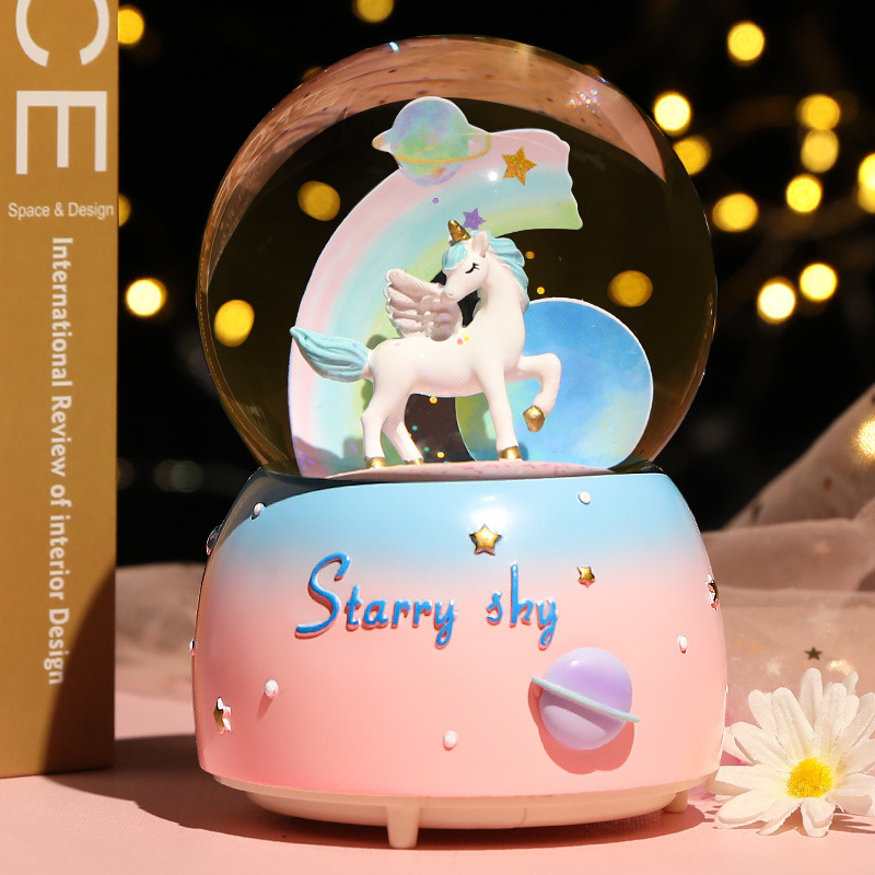新しいクリスタルボールオルゴールガールハートユニコーン発光ス - Snow Globe Musical のレビューと価格