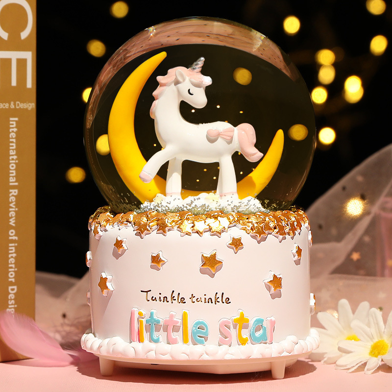 新しいクリスタルボールオルゴールガールハートユニコーン発光ス - Snow Globe Musical のレビューと価格