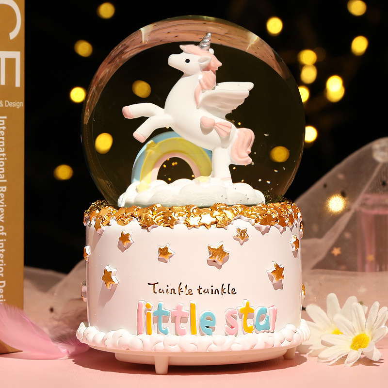 新しいクリスタルボールオルゴールガールハートユニコーン発光ス - Snow Globe Musical のレビューと価格
